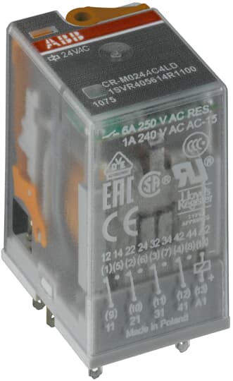 1SVR405613R0000 CR - M024AC4 Pluggable interface relay 4c/o, A1 - A2=24VAC, 250V/6A - Gabby Electric