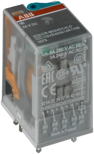 1SVR405614R1100 CR - M024DC4LD Pluggable interface relay 4c/o, A1 - A2=24VDC, 250V/6A, diode, LED - Gabby Electric