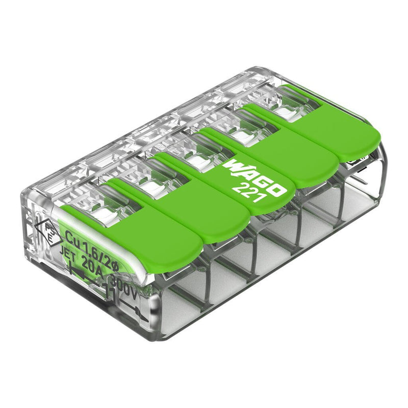 221 - 425 Wago Splicing Connector with Levers, max. 4mm², 5 - Conductor, Transparent - set of 25