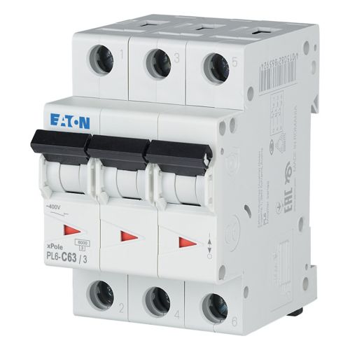286607 Eaton PL6 - C63/3 Miniature Circuit Breaker (MCB), 3P C63A 6kA - Gabby Electric