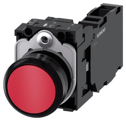 3SU1100 - 0AB20 - 1FA0 Pushbutton, 22 mm, round, plastic, red, flat, momentary contact type, with holder 1 NO+1 NC - Gabby Electric