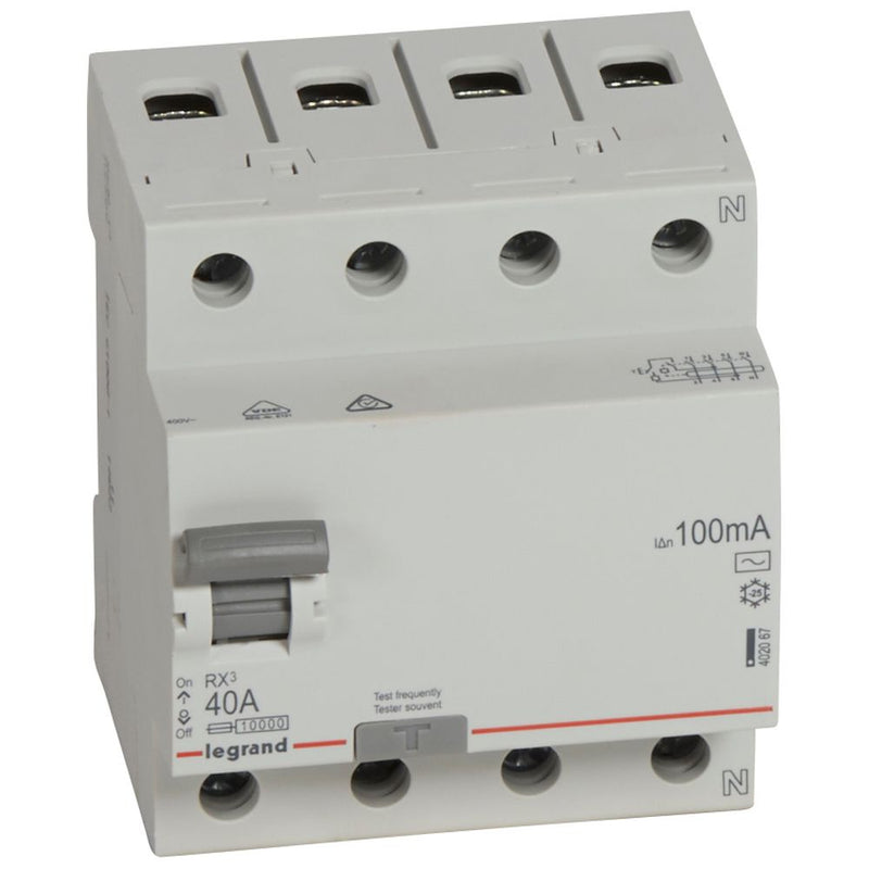 402067 Legrand RX³ Residual Current Circuit Breaker (RCCB), 4P 400V 40A 100mA AC type - Gabby Electric
