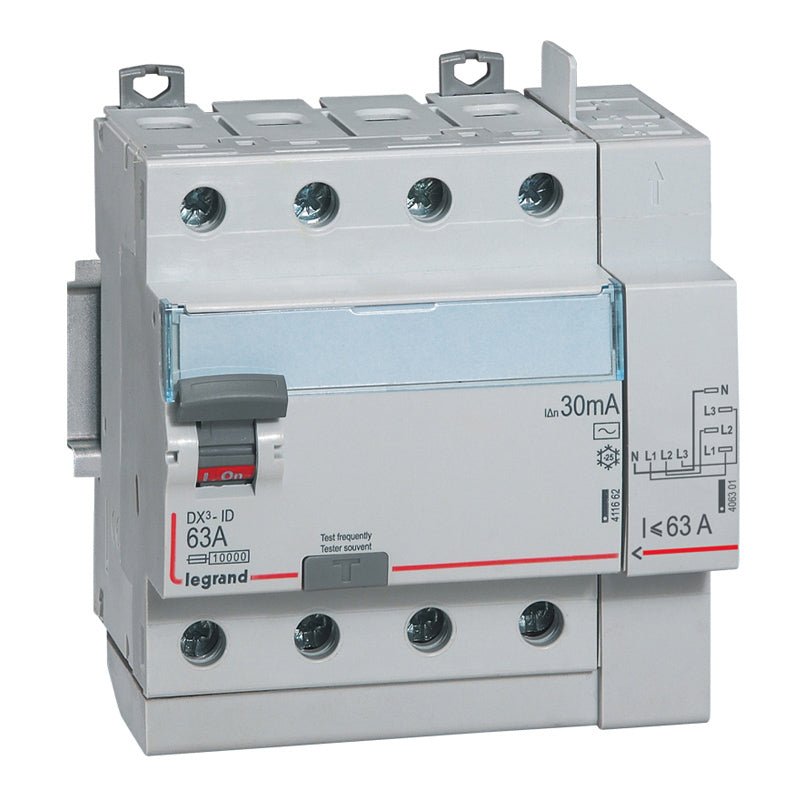 411653 Legrand DX³ Id Residual Current Circuit Breaker (RCCB) 4P 63A 30mA AC Type - Gabby Electric