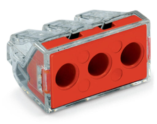 773 - 173 Wago PUSH WIRE Connector for junction boxes for solid and stranded conductors 6 mm² 3 conductor, red cover, transparent - set of 50 - Gabby Electric
