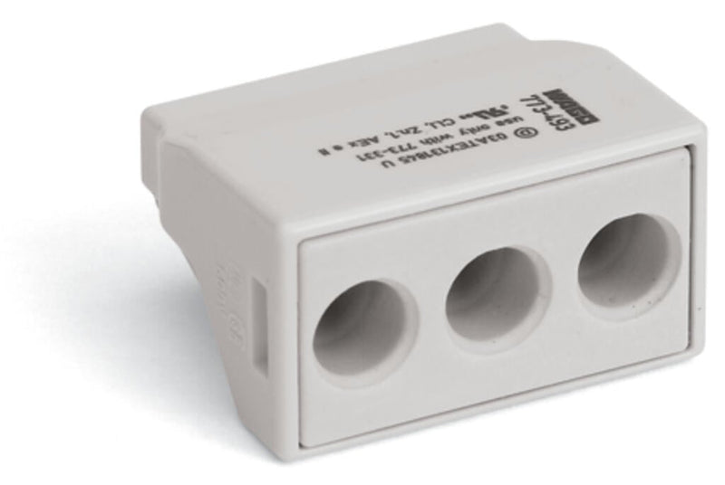 773 - 493 Wago PUSH WIRE Splicing connector for solid and stranded conductors 6 mm² 3 conductor, light gray - set of 50 - Gabby Electric