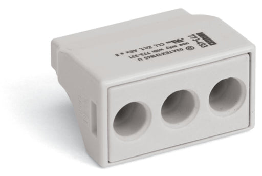 773 - 493 Wago PUSH WIRE Splicing connector for solid and stranded conductors 6 mm² 3 conductor, light gray - set of 50 - Gabby Electric