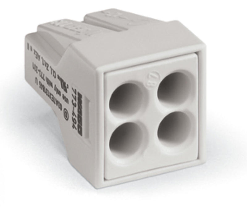 773 - 494 Wago PUSH WIRE Splicing connector for solid and stranded conductors 2.5 mm² 4 conductor, light gray - set of 100 - Gabby Electric