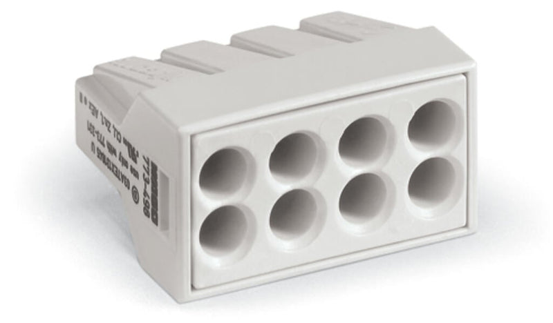 773 - 498 Wago PUSH WIRE Splicing connector for solid and stranded conductors 2.5 mm² 8 conductor, light gray - set of 50 - Gabby Electric