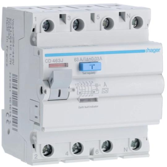 Hager CD463J CD RCCB 4P 63 A 30mA Type A DIN Rail