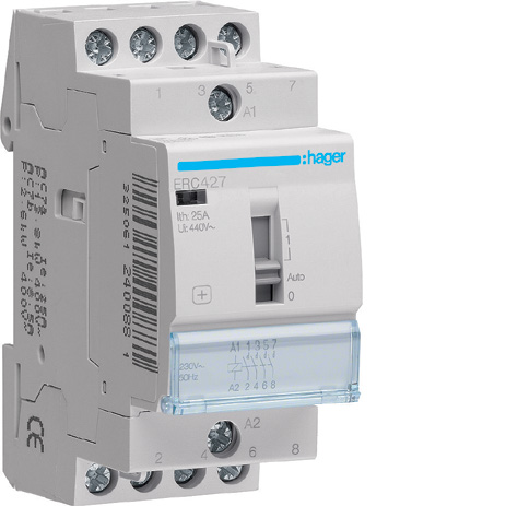 Hager ERC427 Override Contactor 25A 2NO+2NC 230V AC Coil Manual Switch 2 Modules
