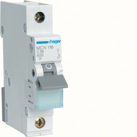 Hager MCN116E Miniature Circuit Breaker 1P C16A 6kA 1 Module