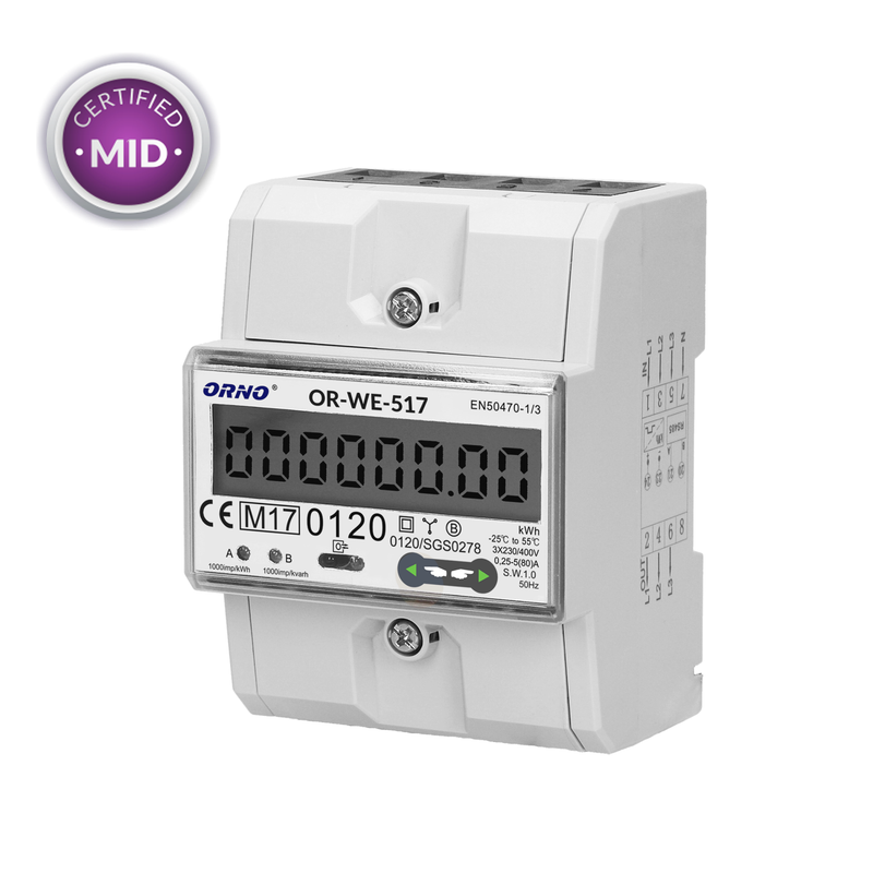 ORNO OR-WE-517 3-Phase Multi-Tariff Energy Meter RS-485 80A 4.5 Module DIN