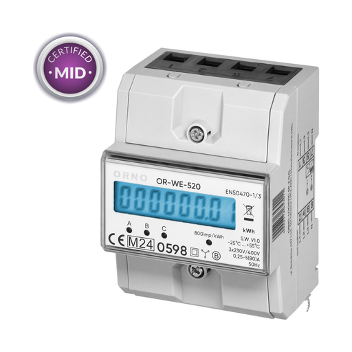 ORNO OR-WE-520 3-Phase Energy Meter 80A MID 4.5 Modules DIN TH-35