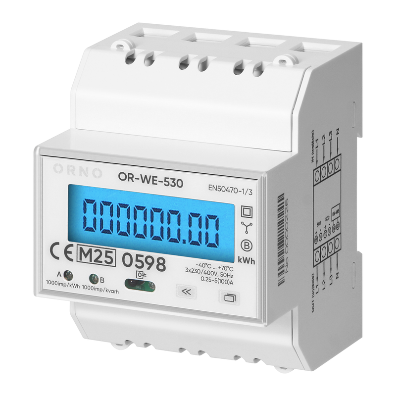 ORNO OR-WE-530 3-Phase Energy Meter 100A RS-485 MID Multi-Tariff PV-Ready 4 Modules