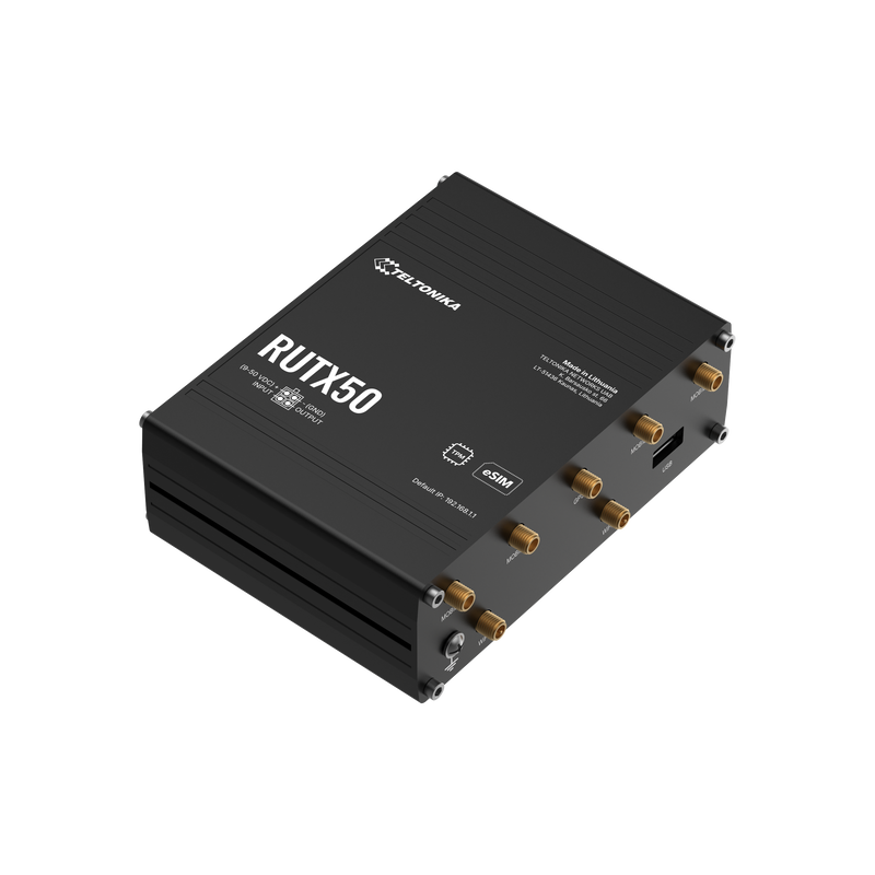 Teltonika RUTX50 RUTX5000AC00 industrial 5G router, angled top view