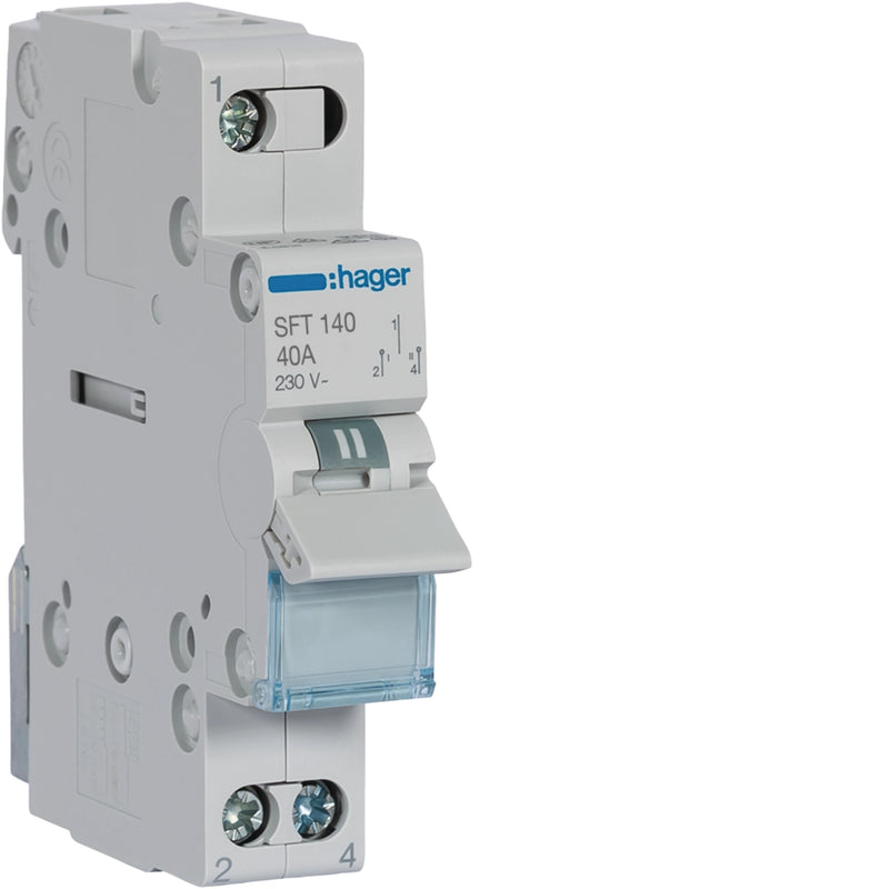 Hager SFT140 Changeover Switch 1P 40A 230V Top Common I-0-II DIN Rail