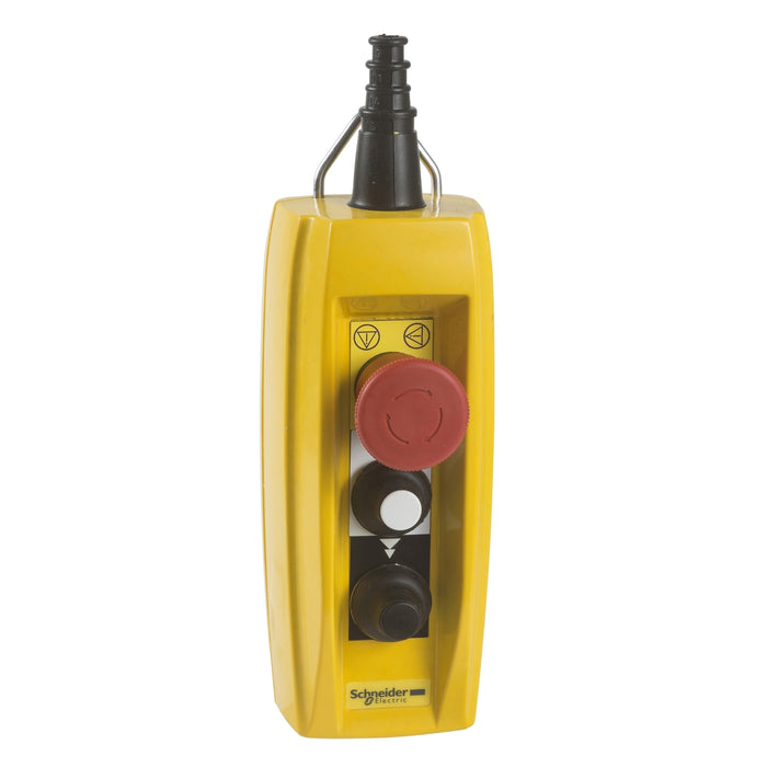 XACB3291 Pendant control station, Harmony XAC, plastic, yellow, 2 push buttons, 1 emergency stop, control 2 speed hoist motor