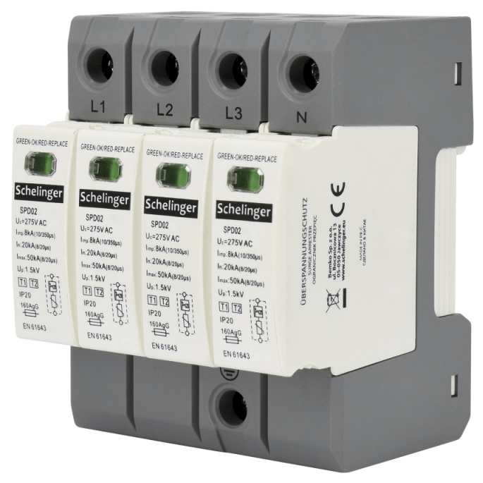 A51 - SPD02 - 4P Schelinger Surge Protection Device 275V 4P T1+T2 (B+C) ImAx 50KA, Iimp 8KA - Gabby Electric