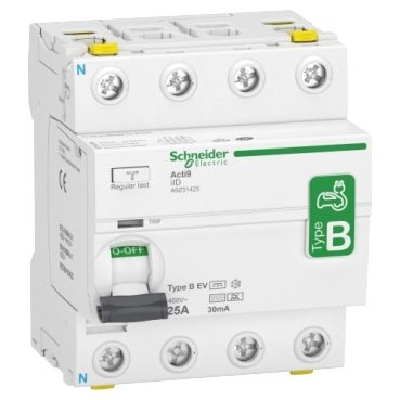 A9Z51425 Schneider Electric Residual Current Circuit Breaker (RCCB), Acti9 iID, 4P 25A 30mA, B - EV (Electric Vehicle) Type