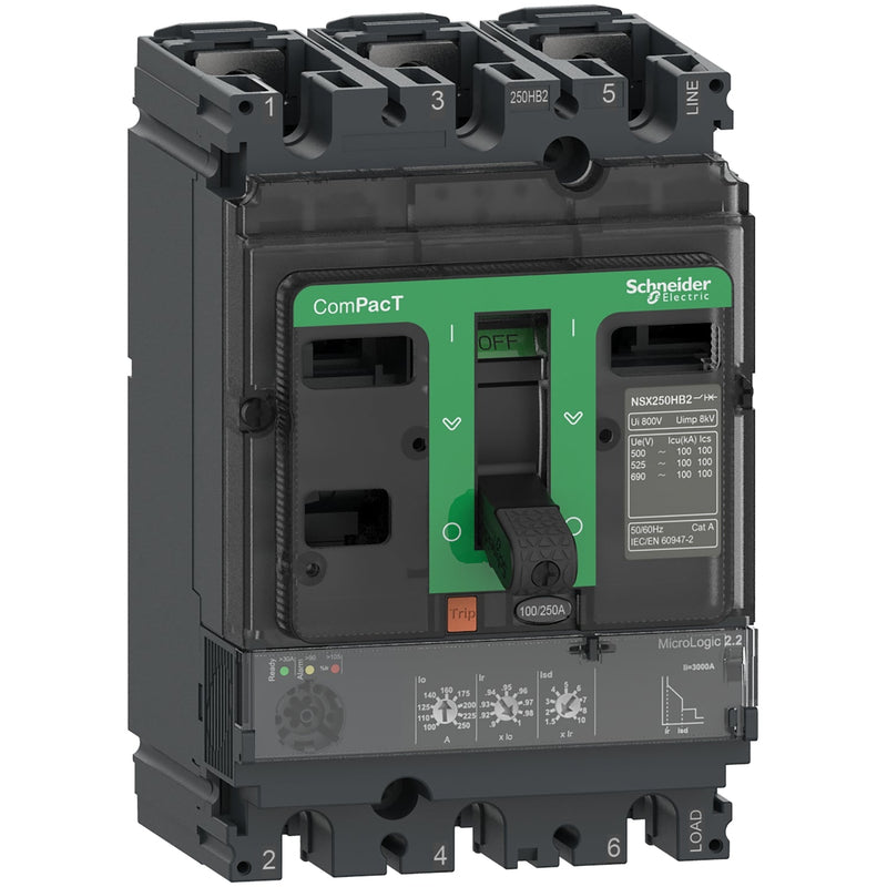 C10N32D100 Circuit breaker, ComPacT NSX100N, 50kA/415VAC, 3 poles, MicroLogic 2.2 trip unit 100A - Gabby Electric