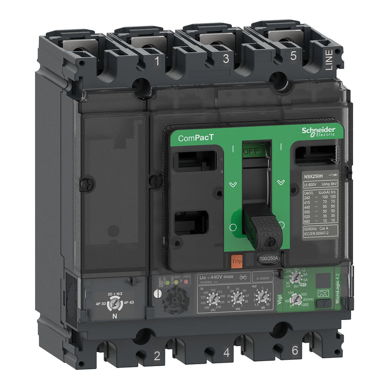 C16F44V160 Schneider Electric Circuit Breaker, ComPact NSX160F 4P Micrologic Vigi 4.2 Trip Unit 160A - Gabby Electric