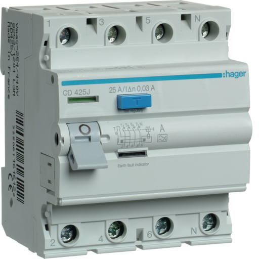 CD425J Hager CD Residual Current Circuit Breaker 4P 25A 30mA A - Type - Gabby Electric