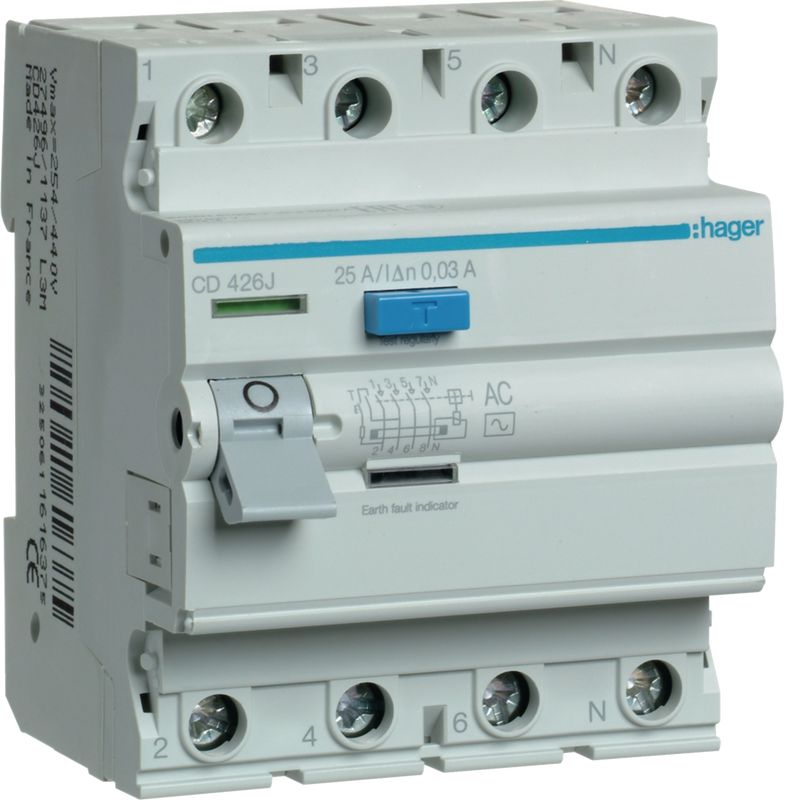 CD426J Hager CD Residual Current Circuit Breaker 4P 25A 30mA AC - Type - Gabby Electric