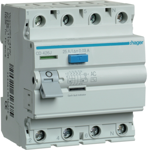 CD426J Hager CD Residual Current Circuit Breaker 4P 25A 30mA AC - Type - Gabby Electric