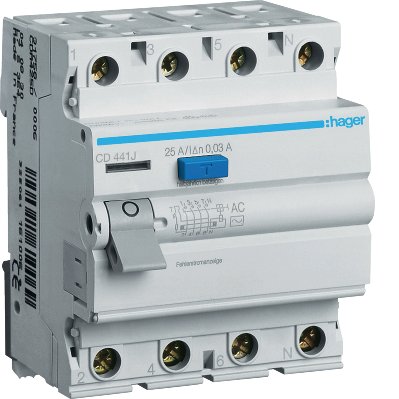 CD441J Hager CD Residual Current Circuit Breaker 4P 40A 30mA AC - Type - Gabby Electric