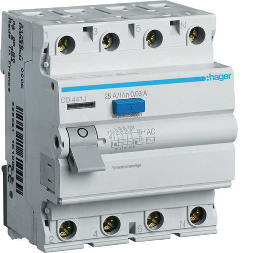 CD441J Hager CD Residual Current Circuit Breaker 4P 40A 30mA AC - Type - Gabby Electric