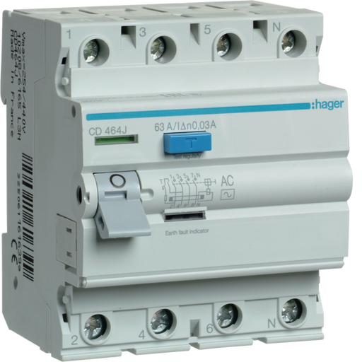 CD464J Hager CD Residual Current Circuit Breaker 4P 63A 30mA AC - Type - Gabby Electric