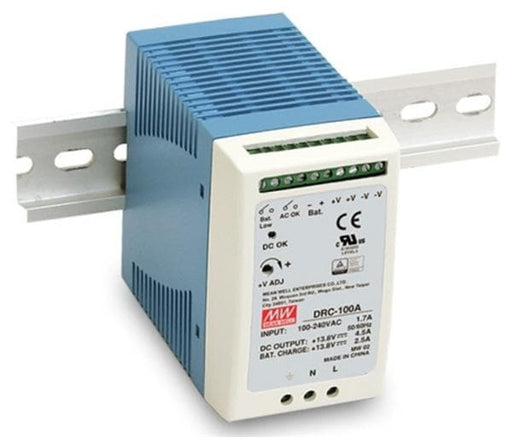 DRC - 100B Meanwell AC - DC DIN Rail Single Output Power Supply With Battery Charger (UPS Function), Output 24 - 30VDC at 2.25A and 27.6VDCc at 1.25A - Gabby Electric