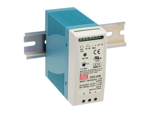 DRC - 60B Meanwell AC - DC DIN Rail with UPS Function Output Power Supply With Battery Charger, Output 27.6VDC at 1.4A and 27.6VDC at 0.75A - Gabby Electric