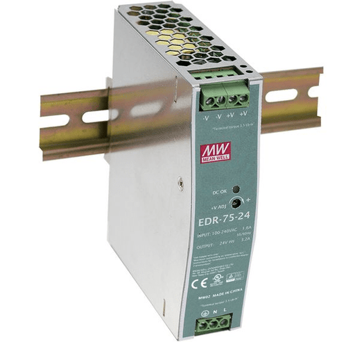 EDR - 75 - 24 Meanwell AC - DC Industrial DIN Rail Power Supply, Output 24V at 3.2A, Metal Case - Gabby Electric