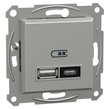 EPH2700561 Schneider Electric Asfora Double USB Charger type A+C 21W, Aluminium