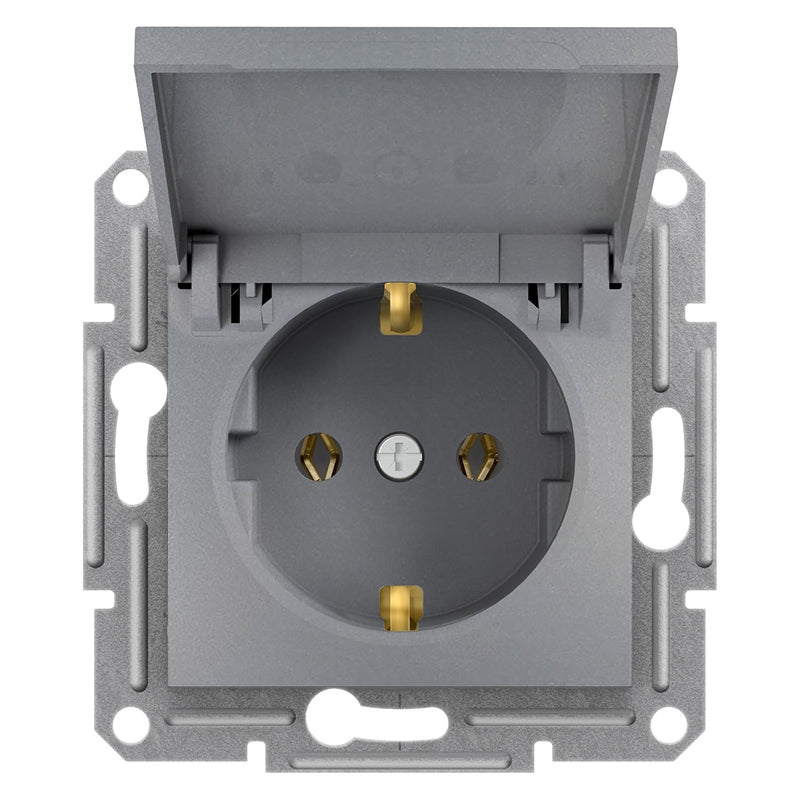 EPH3100162 Asfora - single socket outlet with side earth with lid, wo frame, steel - Gabby Electric