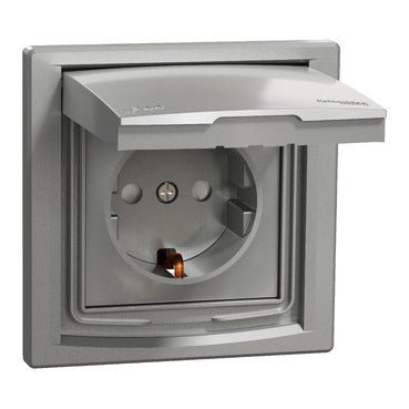 EPH3100361 Schneider Electric Asfora Single Socket Outlet with Side Earth and Shutters, IP44, Aluminium