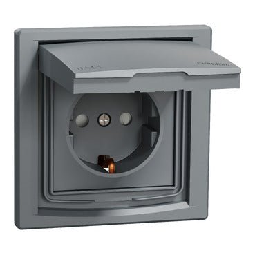 EPH3100362 Schneider Electric Asfora Single Socket Outlet with Side Earth and Shutters, IP44, Steel - Gabby Electric