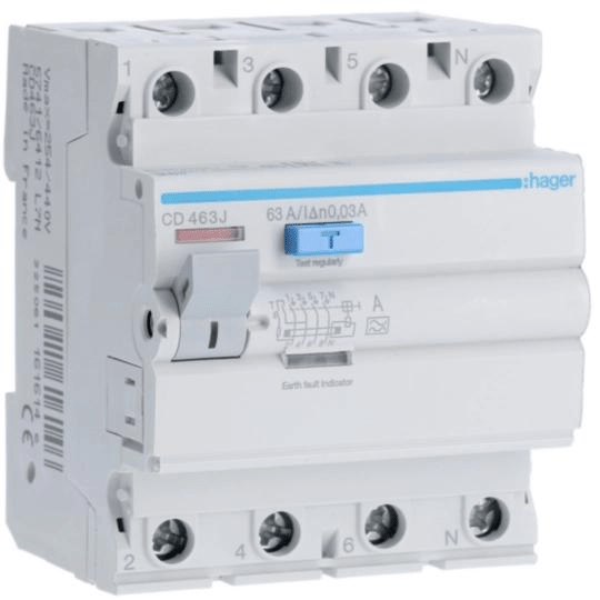 Hager CD463J CD RCCB 4P 63 A 30mA Type A DIN Rail