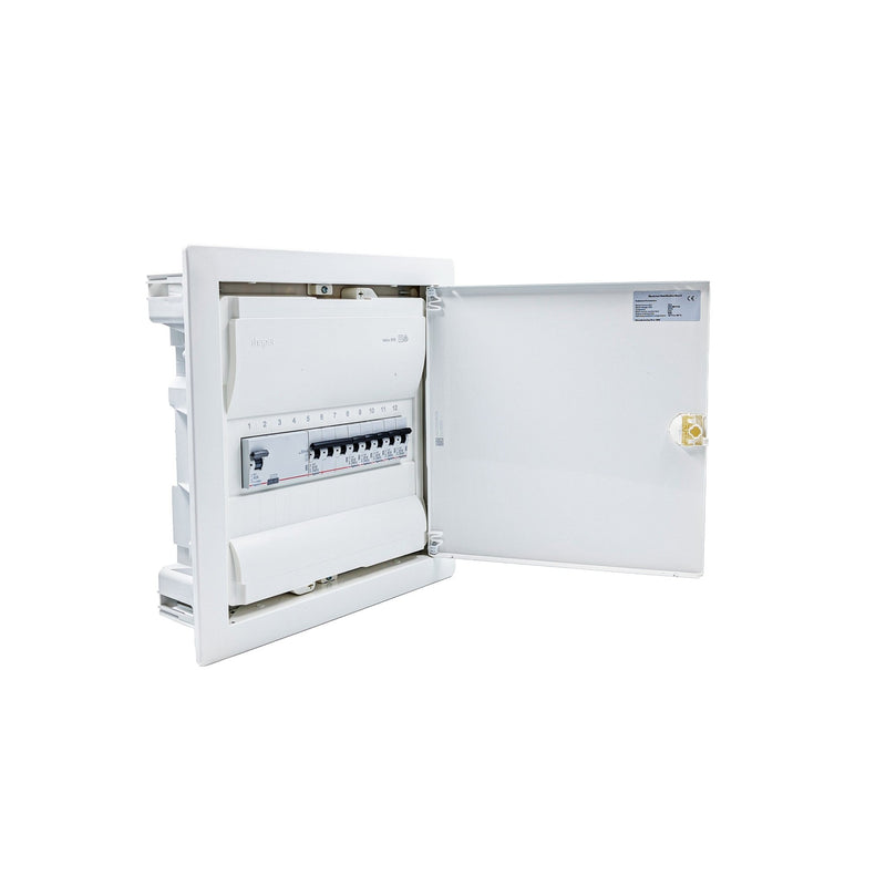 Hager Volta 12-module pre-wired distribution board, door open, Legrand RX3 40A 30mA RCD and B16 MCBs