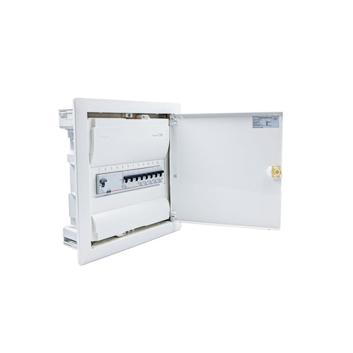 Hager Volta 12-module pre-wired distribution board, door open, Legrand RX3 40A 30mA RCD and B16 MCBs