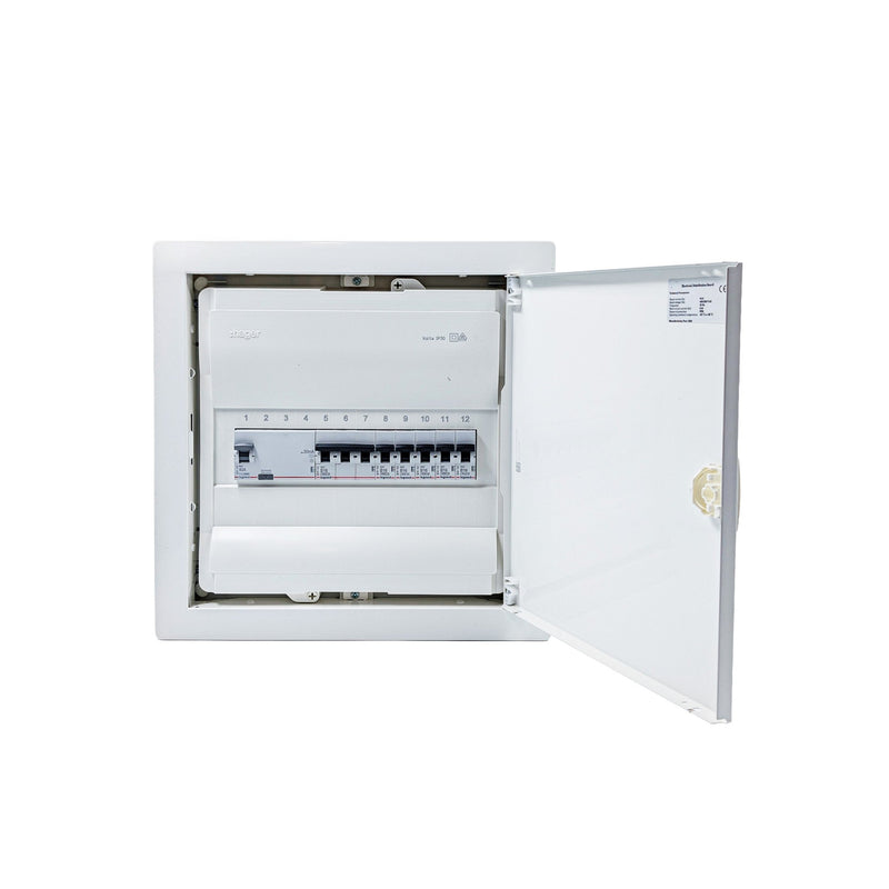 HL12P01 12-module pre-wired distribution board, Legrand RX3 4P 40A 30mA RCD and six B16 MCBs