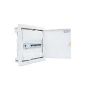 Hager Volta 12-module pre-wired distribution board, door open, Legrand RX3 RCD and B16 MCBs