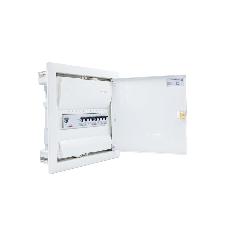Hager Volta 12-module pre-wired distribution board, door open, Legrand RX3 RCD and B16 MCBs