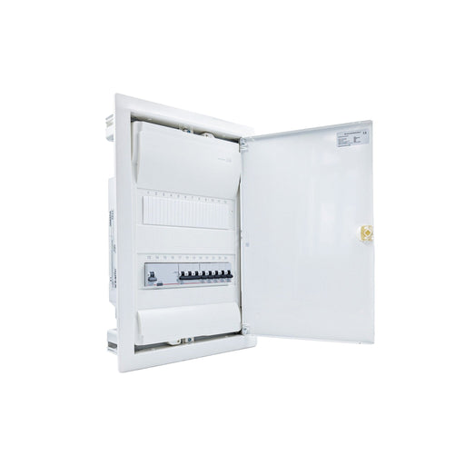 Hager Volta 24-module pre-wired distribution board, door open, Legrand RX3 RCD and B16 MCBs