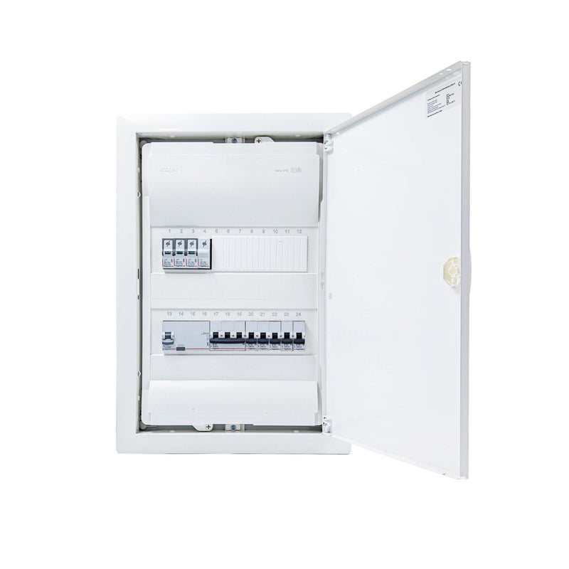 HL24P03 24-module pre-wired 3-phase distribution board, Legrand RX3 RCD and B16 MCBs with SPD