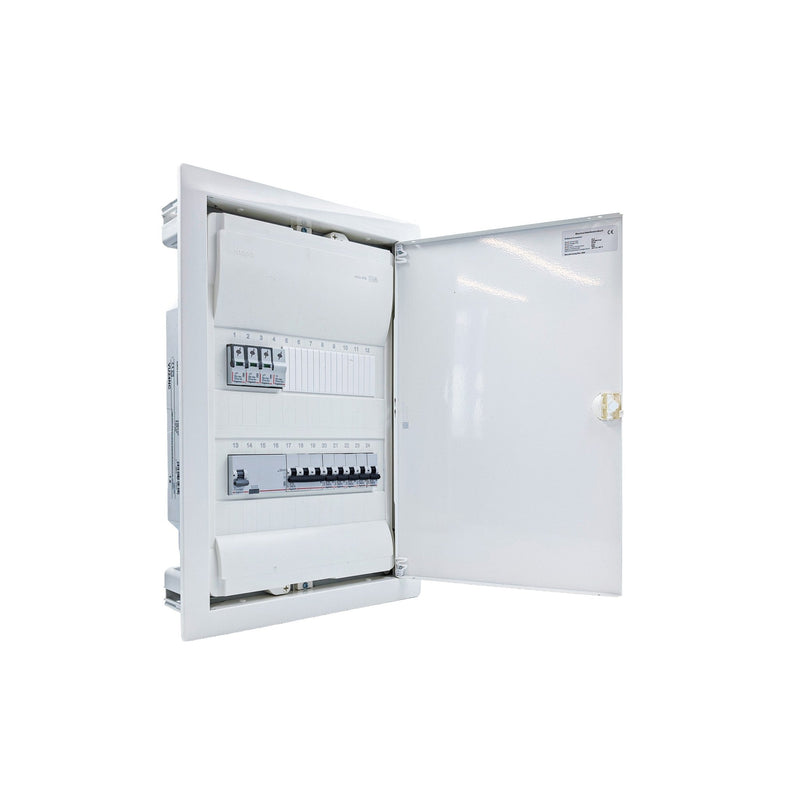Hager Volta 24-module pre-wired distribution board, door open, Legrand RX3 RCD and B16 MCBs