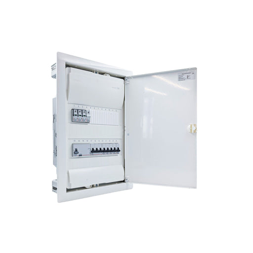 Hager Volta 24-module pre-wired distribution board, door open, Legrand RX3 RCD and B16 MCBs