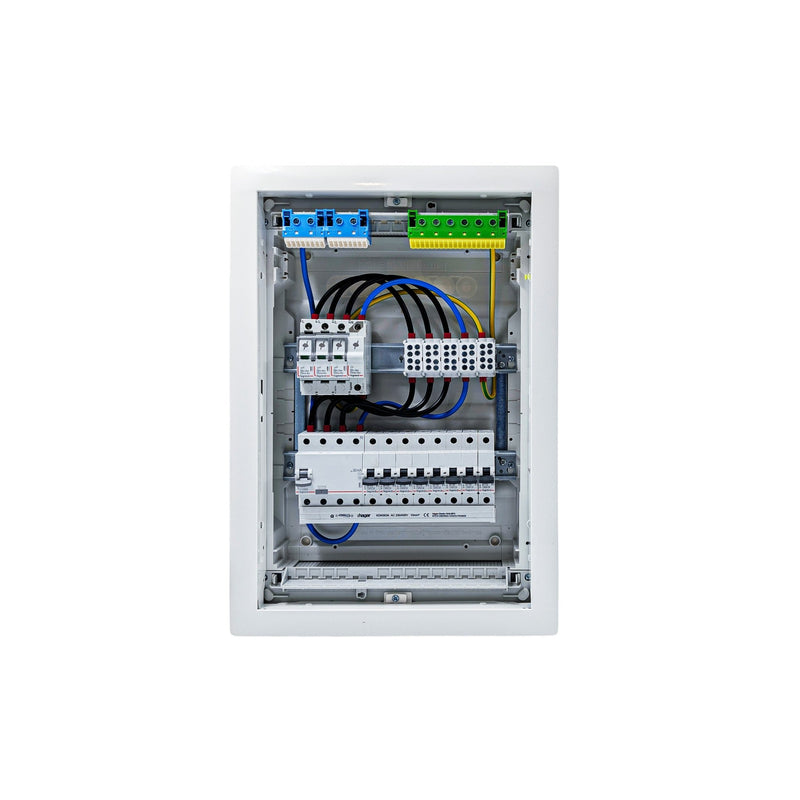 HL24P04 distribution board internal wiring, 3-phase busbar comb, neutral and earth bars with Type 1+2 SPD