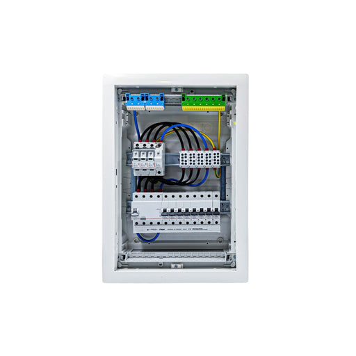 HL24P04 distribution board internal wiring, 3-phase busbar comb, neutral and earth bars with Type 1+2 SPD